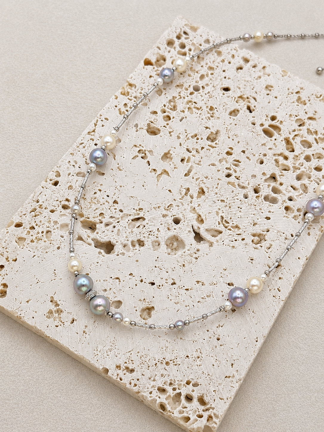 Celestial Akoya Pearl Necklace | Silver Blue & White Akoya Pearls